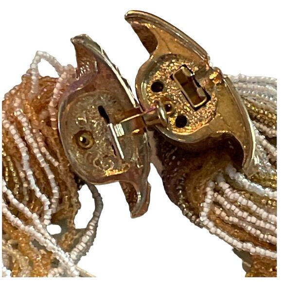 Clam Shell Vintage Multi Strand Seed Bead Necklace Gold & White - Picture 4 of 8